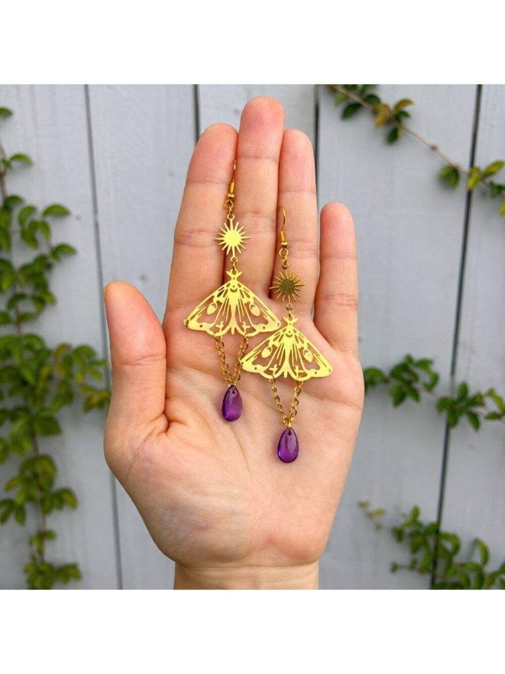 Gold Moth Dangle Earrings Boho Celestial Earrings with Sun Charm and Purple